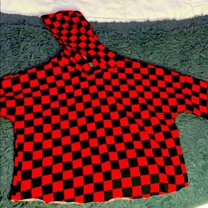 red/black checkered sweat shirt ,hoodie attached
